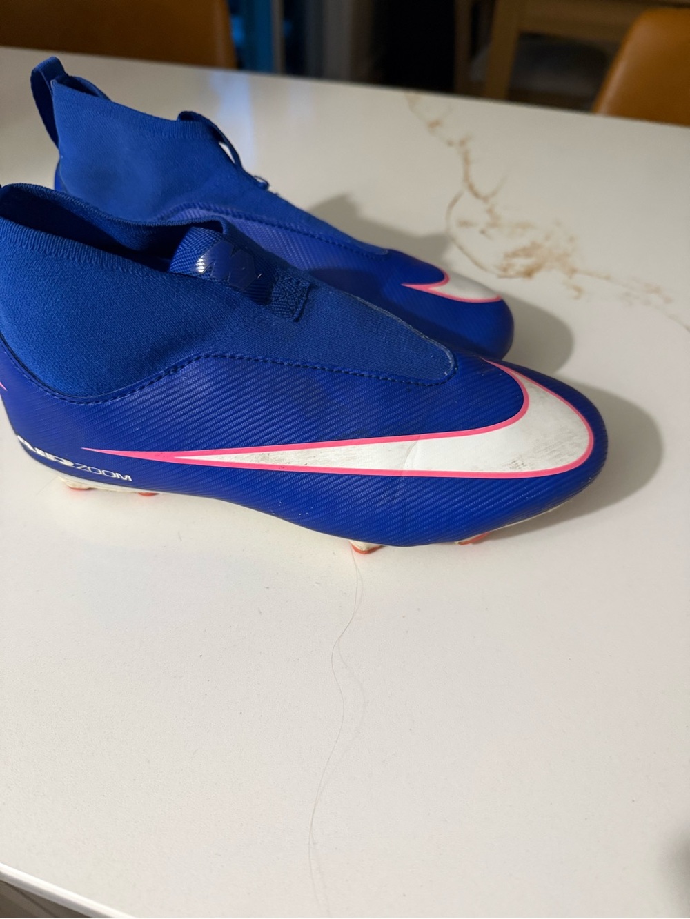Nike Kids Royal Blue Soccer Cleats with White and Pink Swoosh